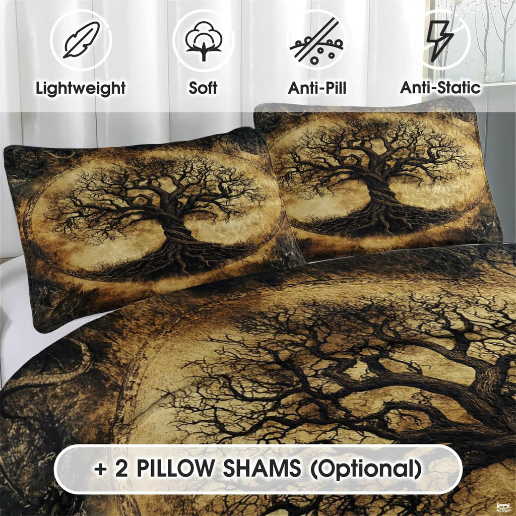 Matching pillowcase detail for Tree of Life bedding set showcasing sacred tree medallion on aged dark background