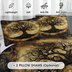 Matching pillowcase detail for Tree of Life bedding set showcasing sacred tree medallion on aged dark background
