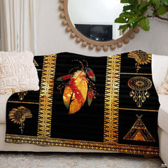 Artistic overhead display of southwestern tribal pattern bedding with gold, rust red, and turquoise visual details.