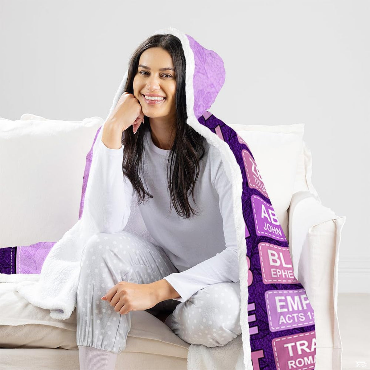 Overhead flat view of god says i am purple butterfly scripture hooded blanket