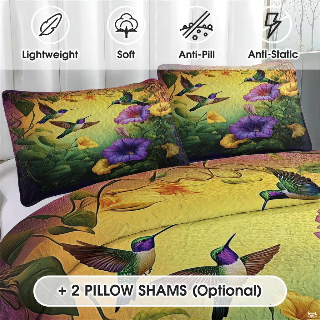 Close view of hummingbird and trumpet flower pillow artwork