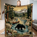 Black bear fishing mountain canoe throw blanket held open by woman
