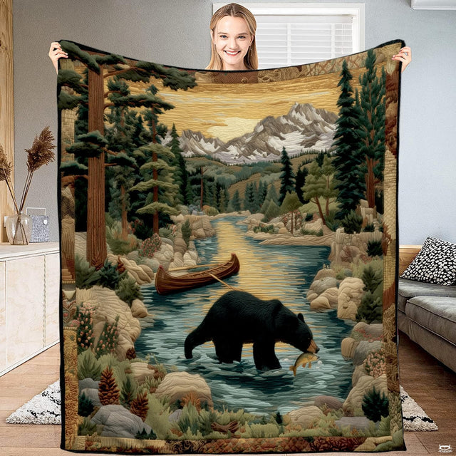 Black bear fishing mountain canoe throw blanket held open by woman