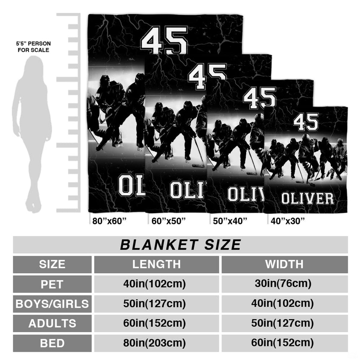 Size proportion chart illustrating available dimensions of the hockey sports throw blanket.