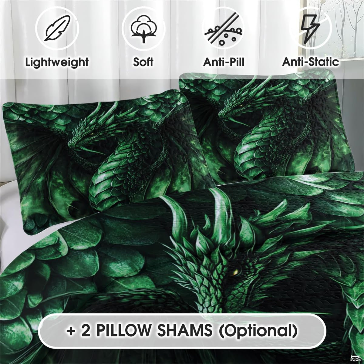 Close view of emerald dragon pillow artwork