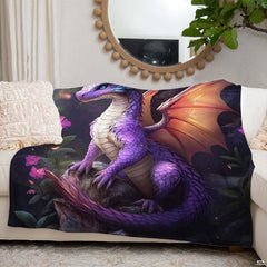 Fantasy digital illustration of purple dragon with amber wings on mossy rock with pink flowers, view 3.