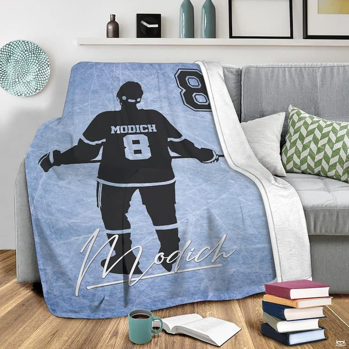 Hockey bedding set styled in a bright bedroom with athletic winter sports wall art