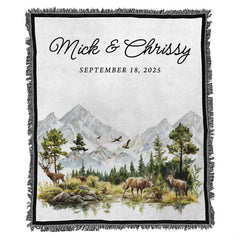 Close-up of textured woven background and colorful border fringe on a wildlife keepsake blanket