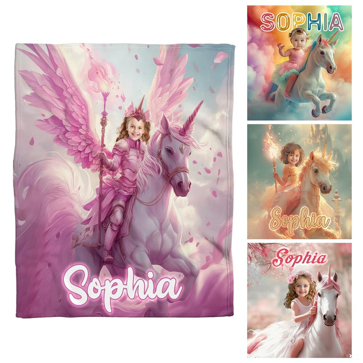 Four-panel collage displaying diverse fantasy unicorn princess art compositions