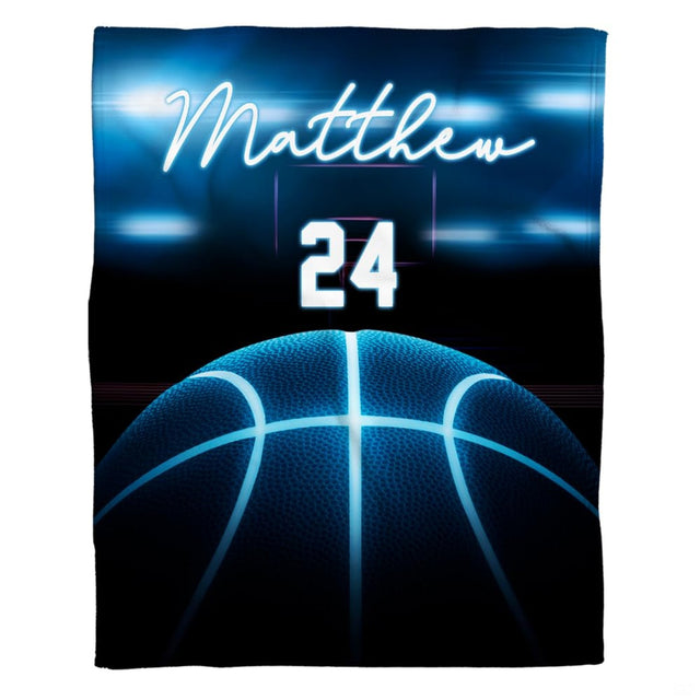 Neon blue basketball court glow sports throw blanket with glowing cyan contours