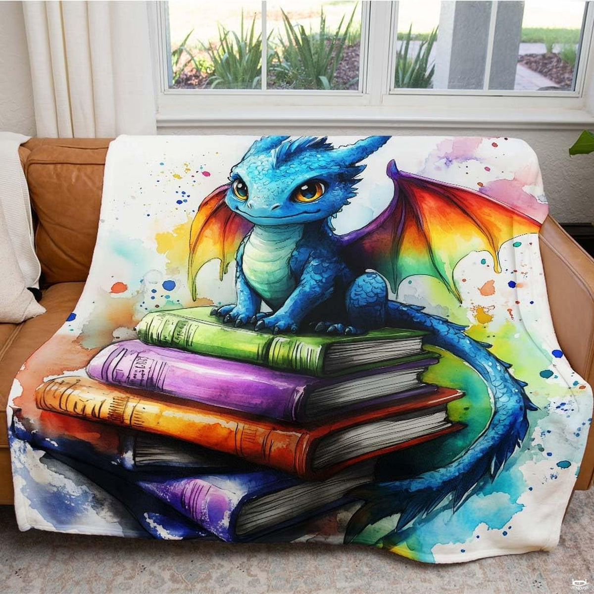 Living room sofa displaying the colorful watercolor baby dragon book throw blanket.