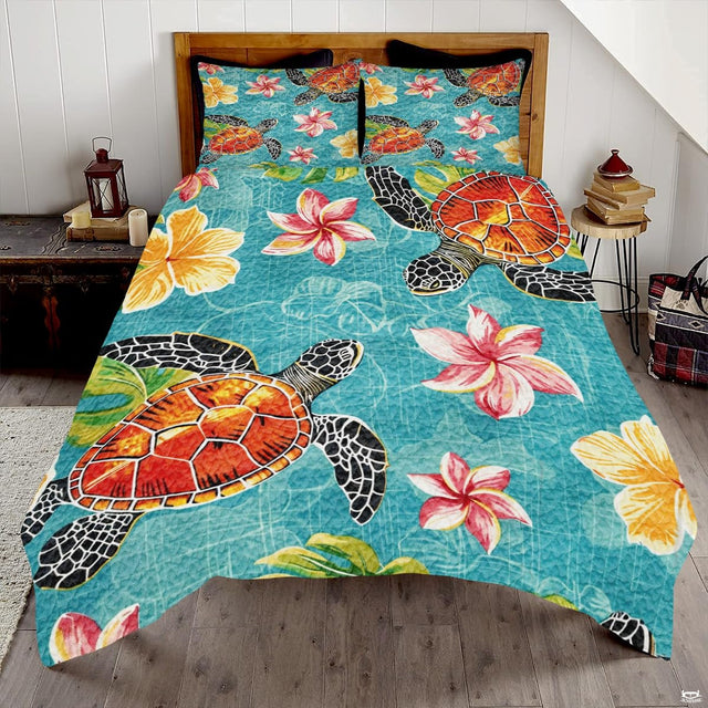 Hawaiian turquoise sea turtle Polynesian bedding set displayed neatly on a bed in a coastal bedroom