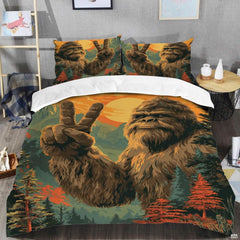 Top angle perspective of bigfoot silhouette bedding showing detailed striped forest rings and pine tree accents.