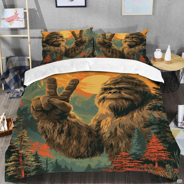 Top angle perspective of bigfoot silhouette bedding showing detailed striped forest rings and pine tree accents.
