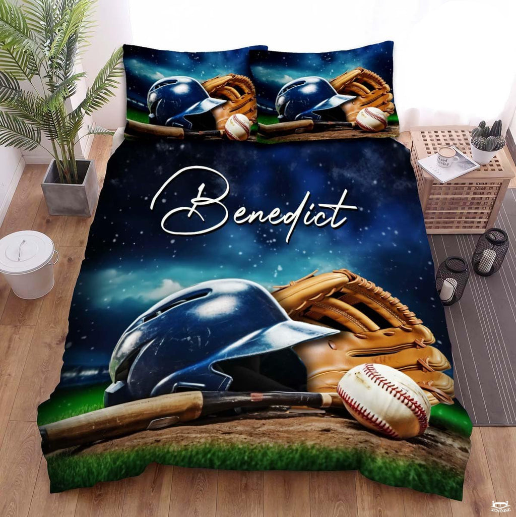 Personalized Baseball Bedding Full Size Flag Custom Name Duvet Cover Set Sport Decor Sports Comforter Bed Set (Baseball On Field)