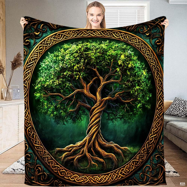 Full view of throw blanket displaying Celtic Tree of Life with emerald canopy and golden knotwork frame.