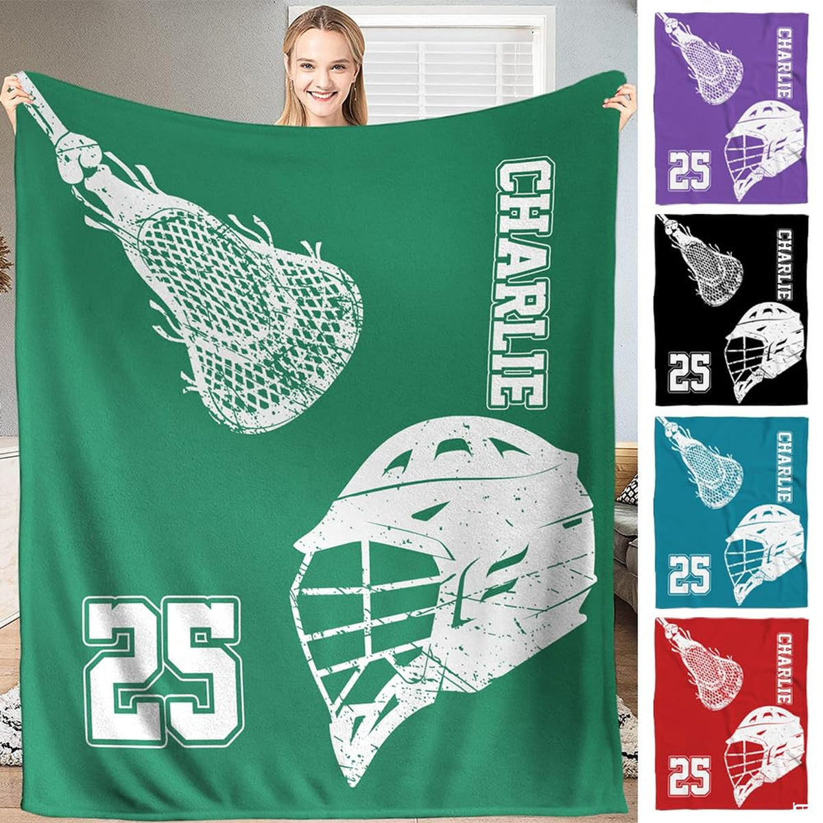 Person standing indoors holding up an emerald lacrosse stick and helmet sports blanket.