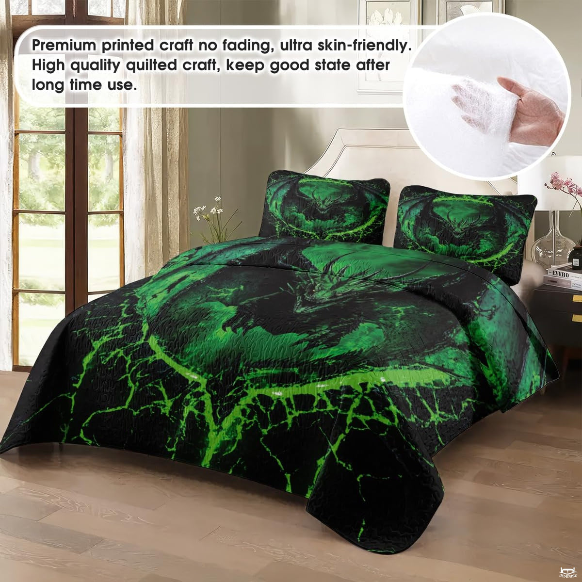 Side view of lava dragon bedding set creating an intense mythological aesthetic in a modern bedroom