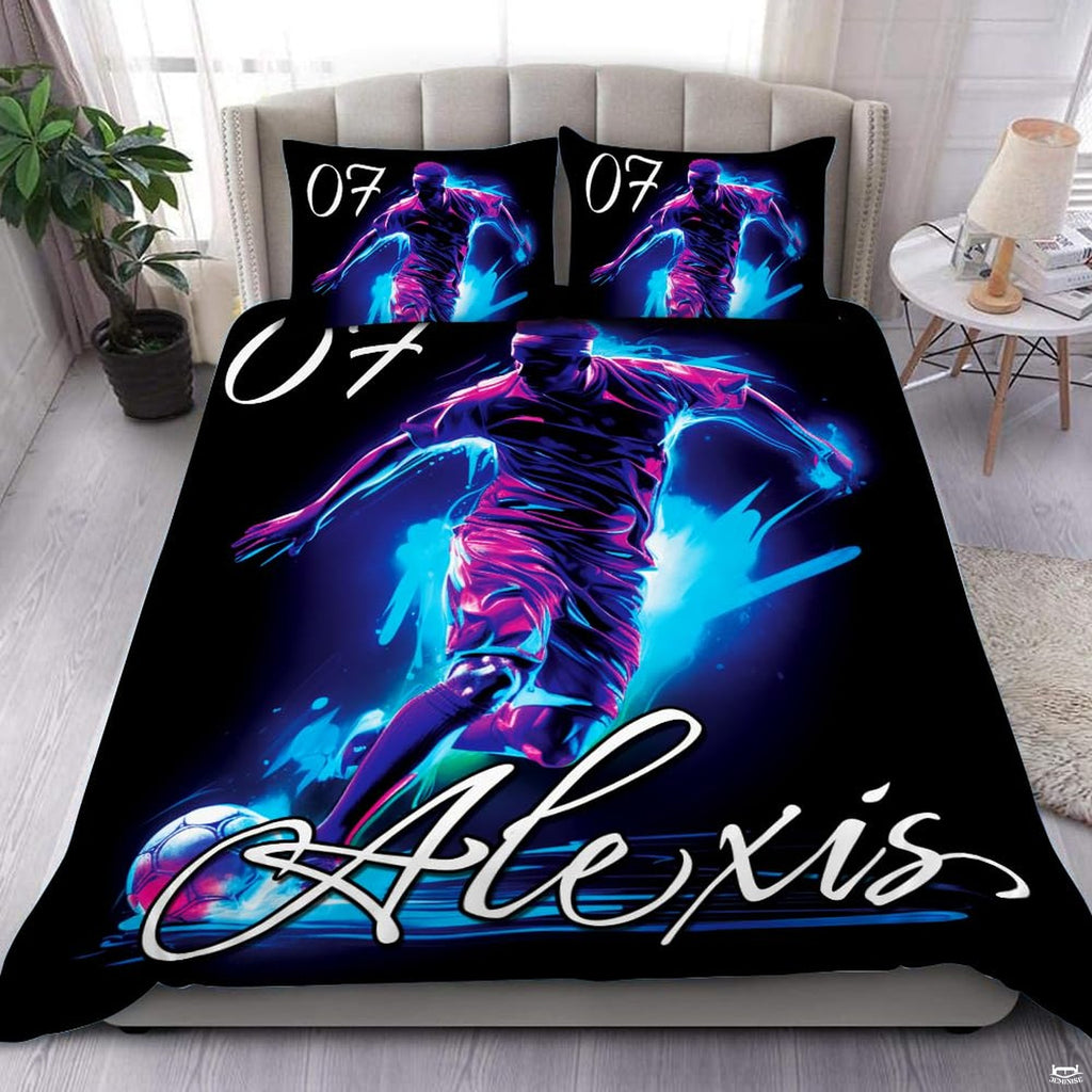 Indigo and cobalt football gridiron bedding set featuring dynamic yard lines and athletic football graphics