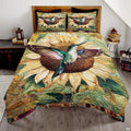 Teal and white hummingbird over a large cream sunflower design