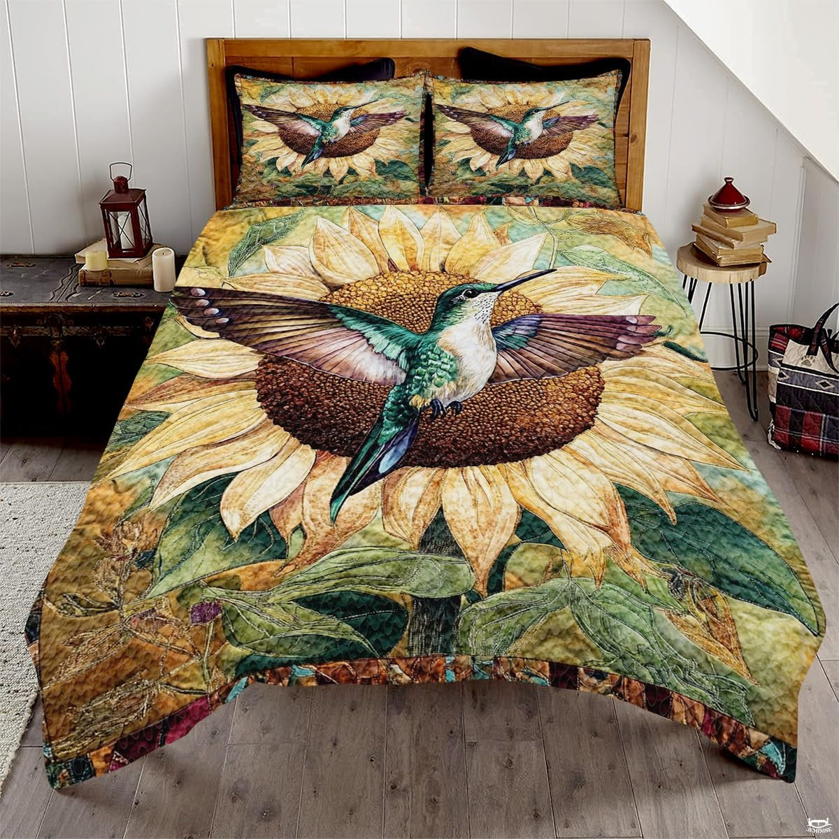 Teal and white hummingbird over a large cream sunflower design