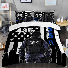 Armored rear-view figure with distressed stripes, blue accent line, stars, and urban silhouettes