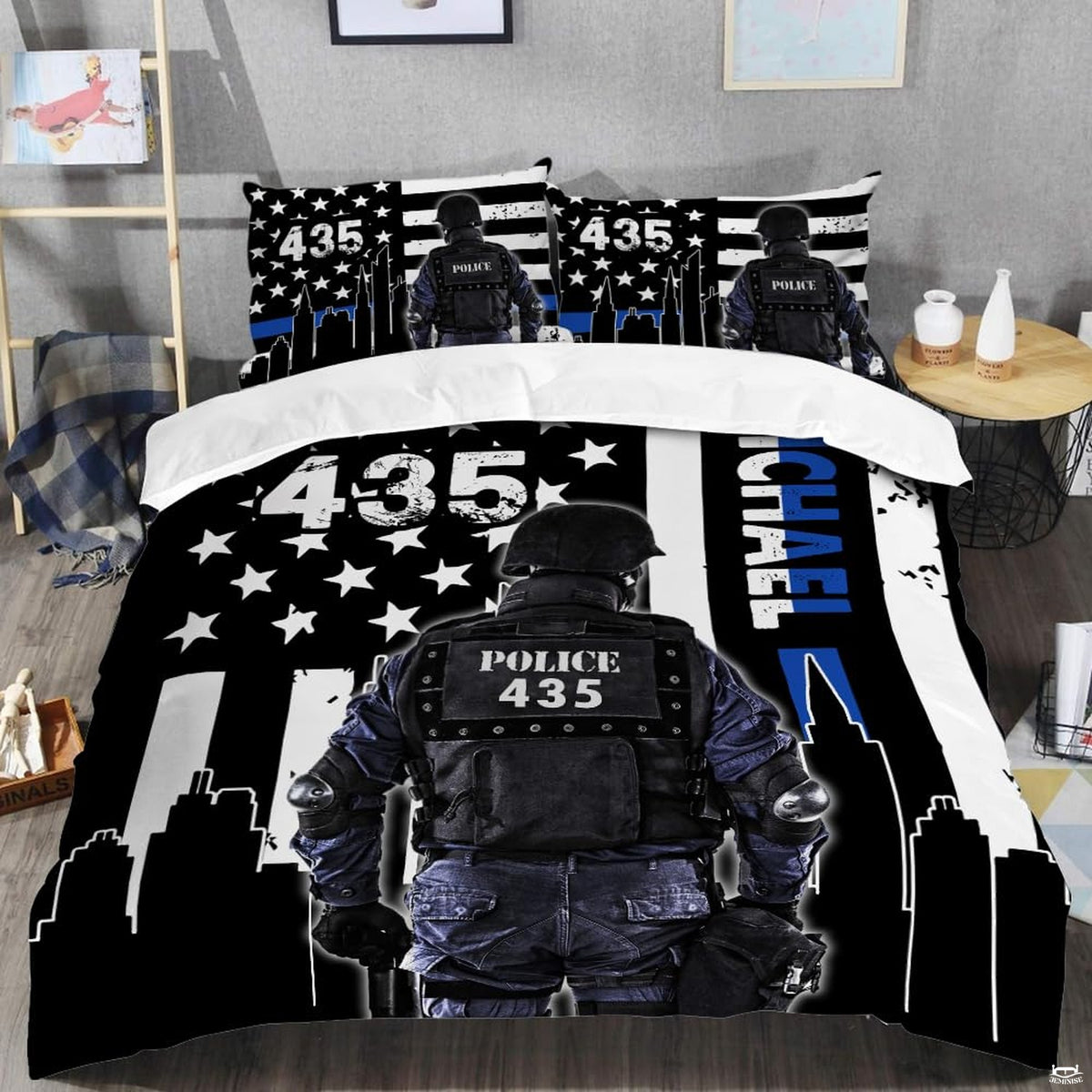 Armored rear-view figure with distressed stripes, blue accent line, stars, and urban silhouettes