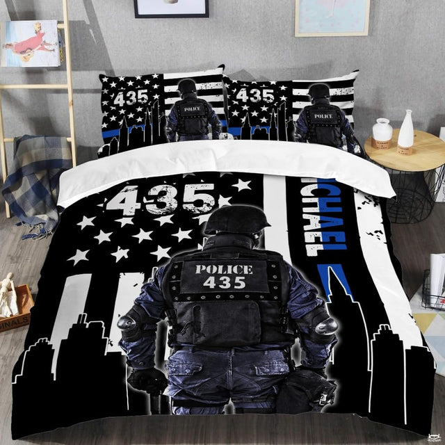 Armored rear-view figure with distressed stripes, blue accent line, stars, and urban silhouettes