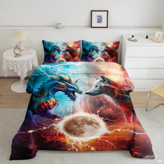 Dragon and wolf bedding mockup with glowing moon and branching lightning