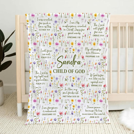 Child of God design with watercolor meadow wildflowers and scripture verses, view 1.