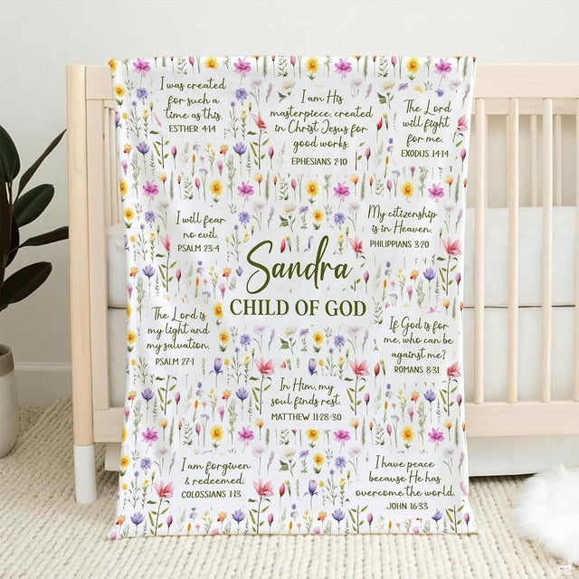 Child of God design with watercolor meadow wildflowers and scripture verses, view 1.