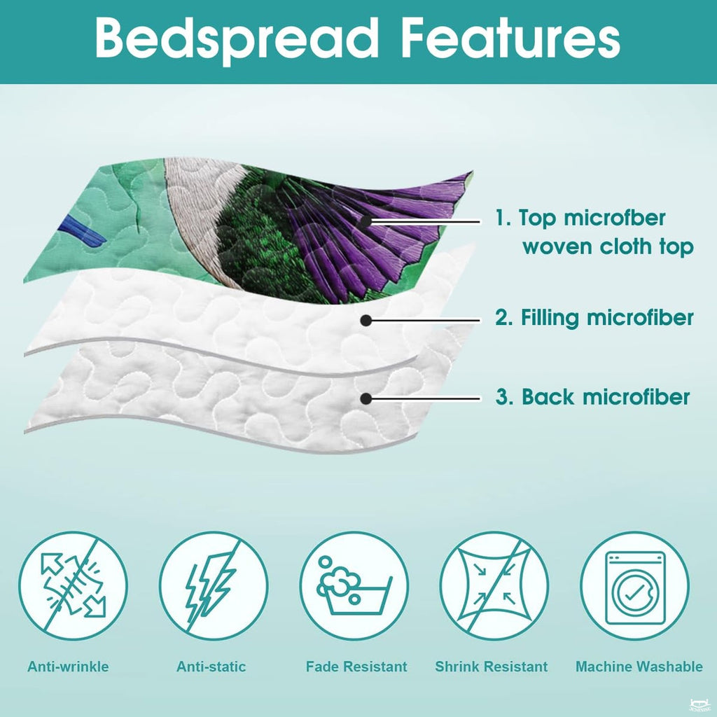 Layered bedding illustration with purple hummingbird wing artwork