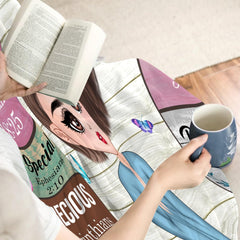 Praying girl scripture affirmations blanket detail of wood plank scripture tiles
