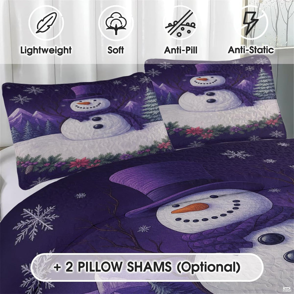 Close-up detail of snowman bedding set showing crisp illustration linework and frosty lilac background.