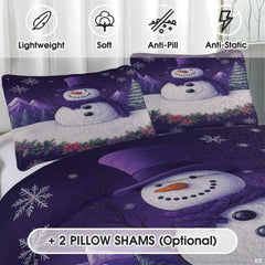 Close-up detail of snowman bedding set showing crisp illustration linework and frosty lilac background.