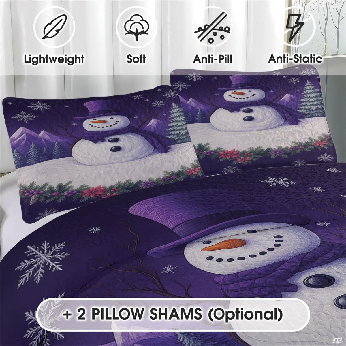 Close-up detail of snowman bedding set showing crisp illustration linework and frosty lilac background.