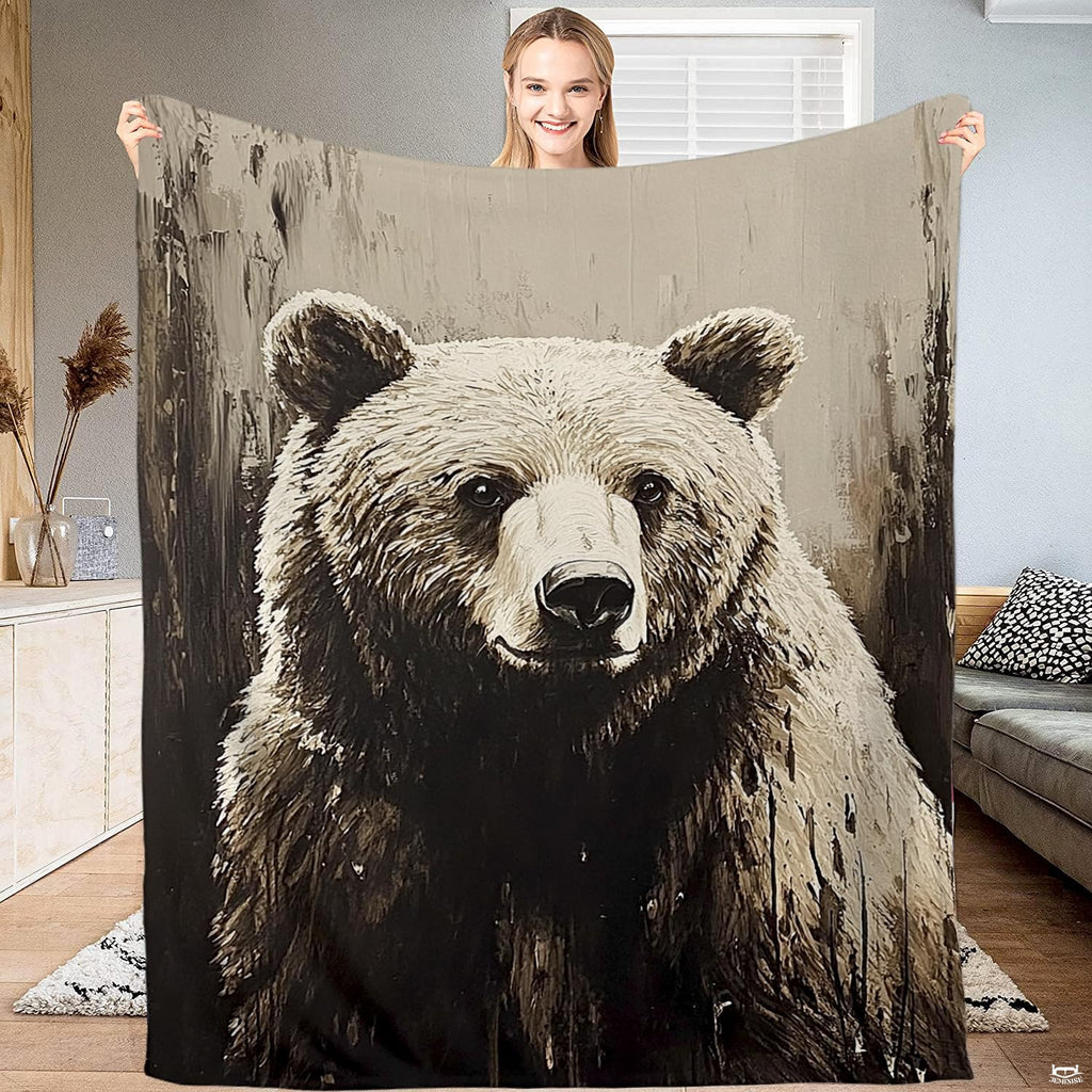 Rustic painted brown bear portrait bedding set displayed in a thematic accent woodland cabin bedroom.