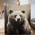 Rustic painted brown bear portrait bedding set displayed in a thematic accent woodland cabin bedroom.