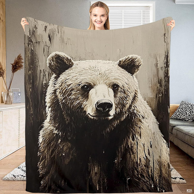 Rustic painted brown bear portrait bedding set displayed in a thematic accent woodland cabin bedroom.