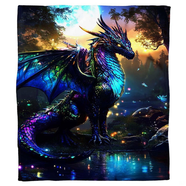 Iridescent dragon throw blanket displaying a rainbow-scaled mythical creature beside a moonlit forest pond.