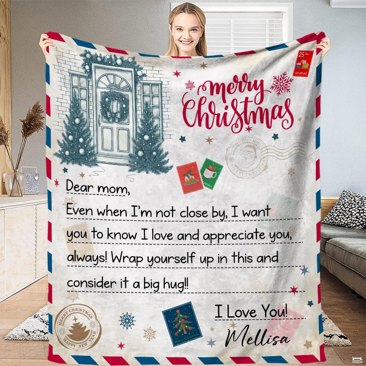 Holiday airmail letter throw blanket to mom with festive postcard stamps and seasonal greeting