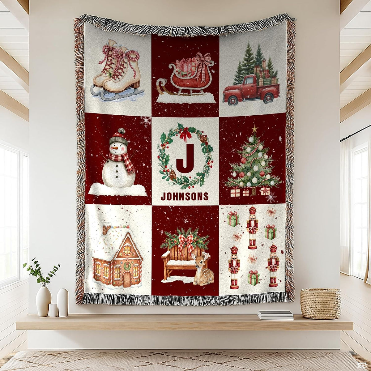 Detailed gingerbread house, resting fawn by wooden bench, and nutcracker holiday illustrations