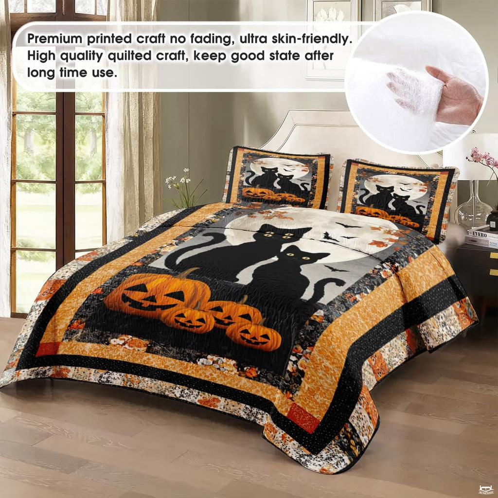 Top-down view of black cat bedding set highlighting detailed feline artwork and parchment ivory patchwork borders.