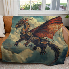 Mechanical dragon soaring thematic accent across teal skies and thematic accent cream clouds, enriching fantasy dragon...
