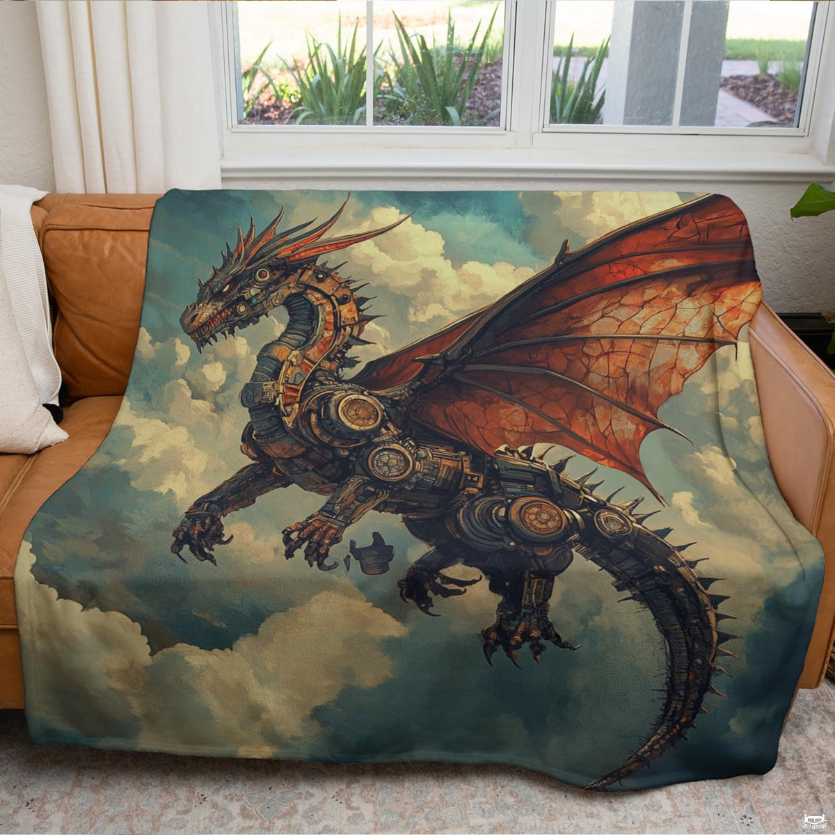 Mechanical dragon soaring thematic accent across teal skies and thematic accent cream clouds, enriching fantasy dragon...