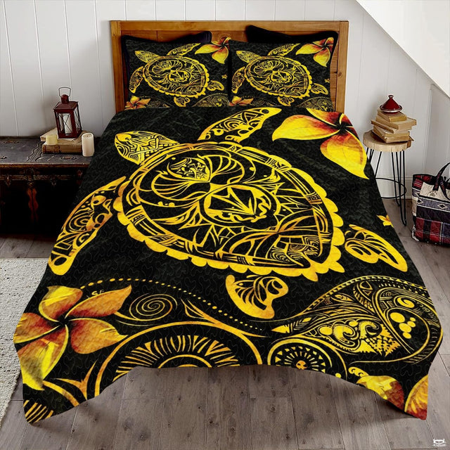Golden yellow sea turtle Polynesian tribal bedding set displayed neatly on a bed in a coastal bedroom