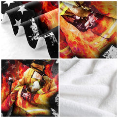 Stylized firefighter bedding for adults with vivid yellow and fiery red tones arranged in a contemporary bedroom.