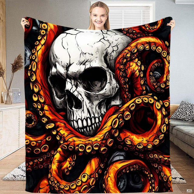 Close up of glowing fiery orange tentacles and detailed suckers wrapping a white skull on bedding.