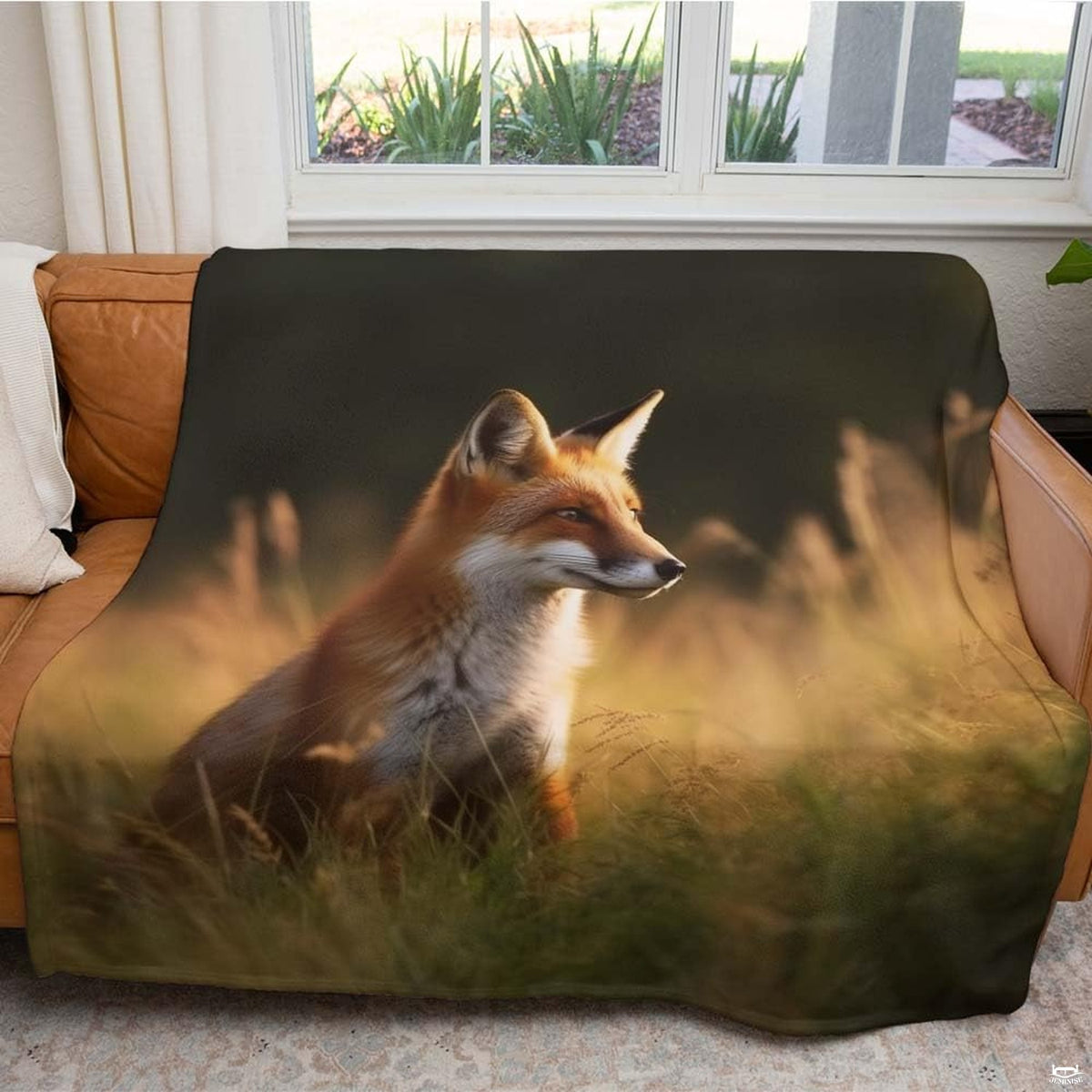 Close-up perspective of alert red fox ears and rust-colored fur on meadow wildlife throw blanket