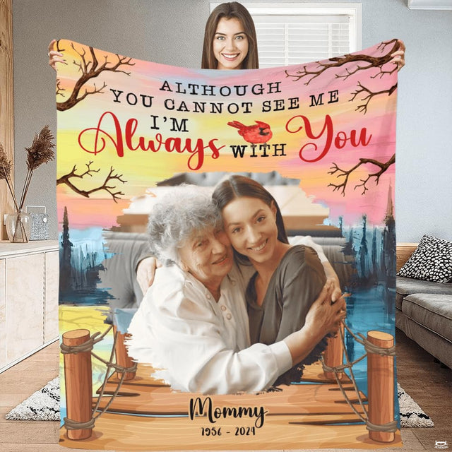 Sunset dock memorial throw blanket featuring lake pier, rope railings, red cardinal, and sunset sky